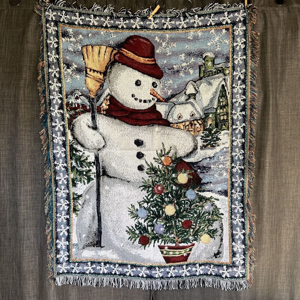 tapestry afghan throw Christmas Tree Snowman Broom Snowflakes